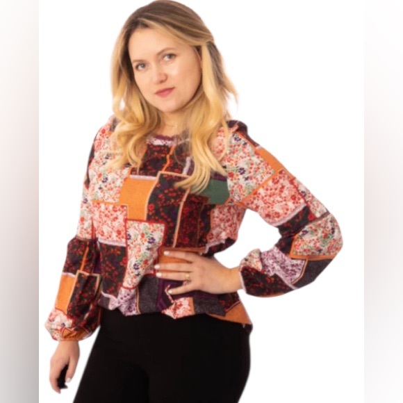 Multicolor Patchwork Floral Long Sleeve Print Top SzM - Picture 1 of 15